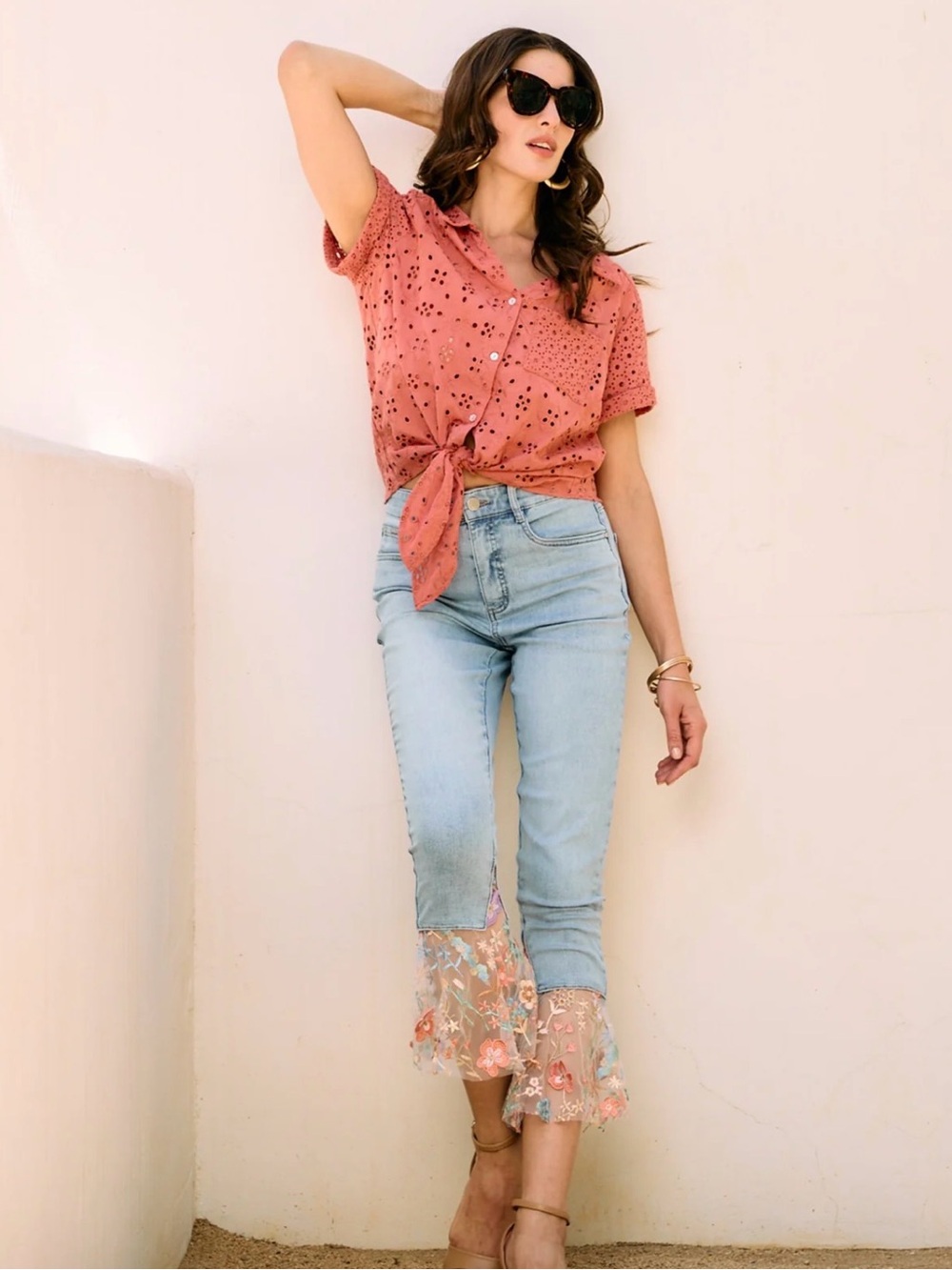 Light Blue Mid-Rise Cropped Flare Jeans with Floral Lace Hem- Fun & Flirty